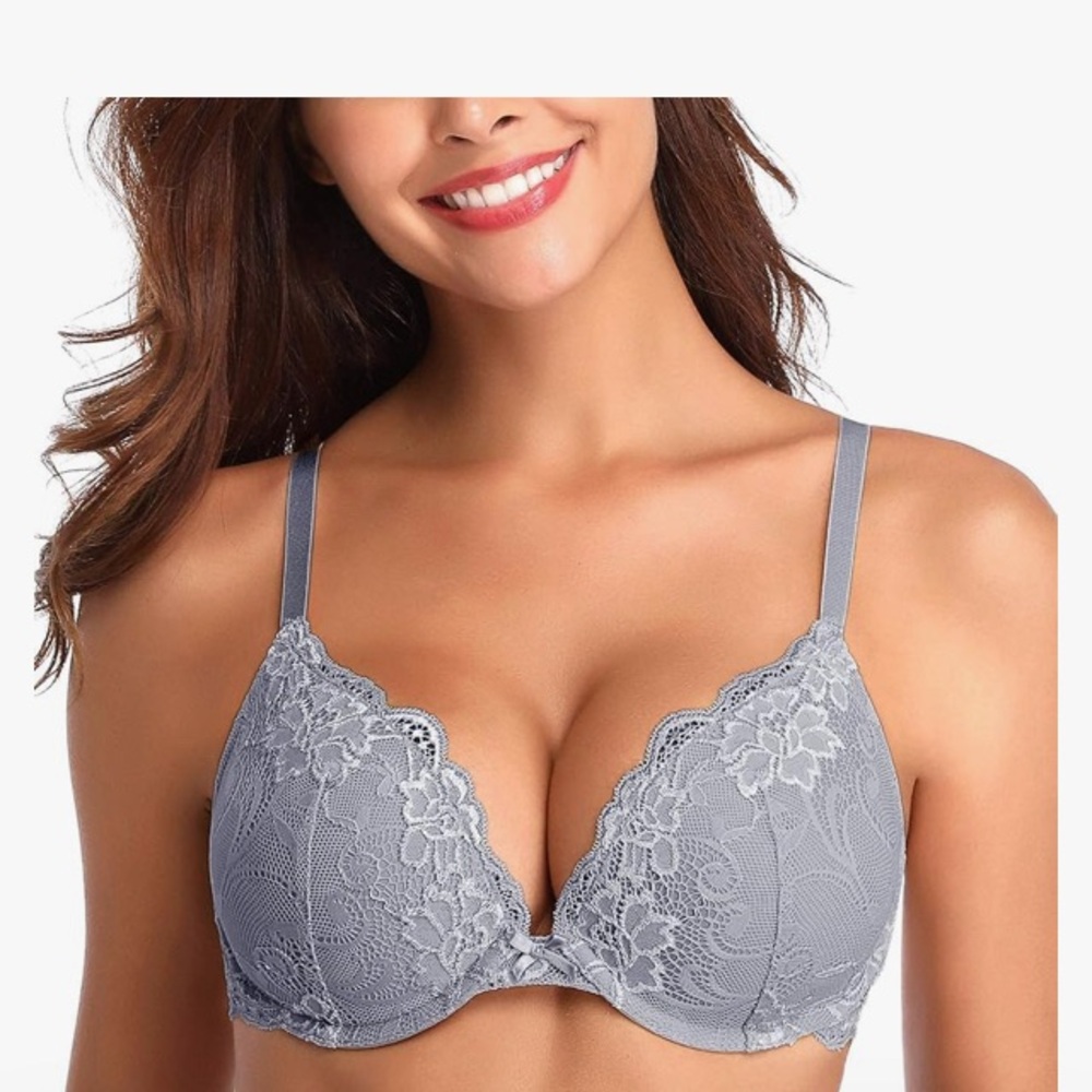 2-Push Up Lace Bra Comfort Padded Underwire both 38B Gray & Beige